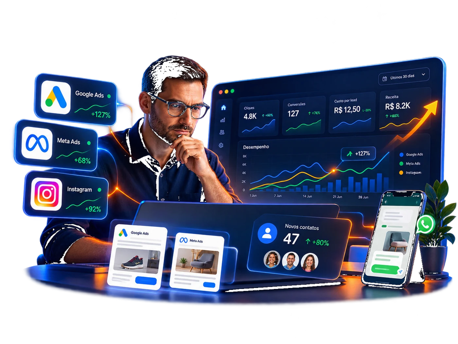 Ilustração de gestão de tráfego: profissional analisando campanhas no Google Ads, Meta Ads e Instagram com dashboard de desempenho e WhatsApp